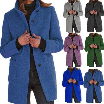 2023 Есенно-зимния женски ново винтажное вълна палто с висока яка, копчета
