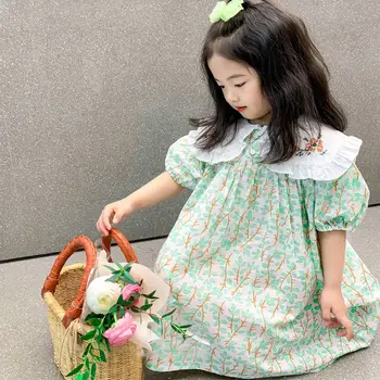 2023 Корейското Лятно Нова Рокля на Принцеса с Къси Ръкави и Цветен Модел за Момичета, Памучно Рокля за Деца, Модни Детски Дрехи за Партита, Детски Рокли С Ревери