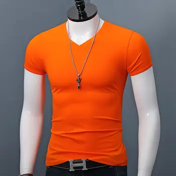 2023 Нова Мода Лято Мъжки Памучен тениска Basics, Мъжка Тениска с Къс Ръкав и V-образно деколте, Приталенная Однотонная Ежедневни Тениска M-6xl W28