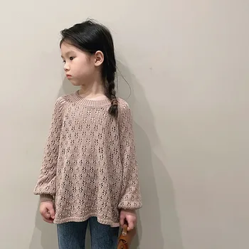 4445C Вязаный пуловер за момичета в корейски стил, 2023, Пролетта на Нов Вязаный Пуловер за момичета с изрезки, Долната Риза, Обикновен детски Блузи