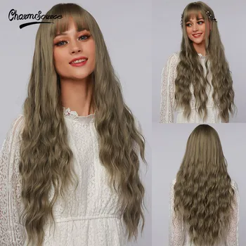 CharmSource Дълги ленени сиви обемисти перуки с бретон, синтетични перуки за жени, cosplay, парти, естествена коса, топлоустойчиви