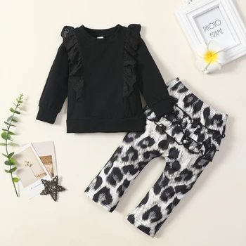 FOCUSNORM/ есенни комплекти дрехи за малките момичета от 0 до 4 години, обикновен пуловер с дълги ръкави и набори, блузи, панталони с леопардовым принтом