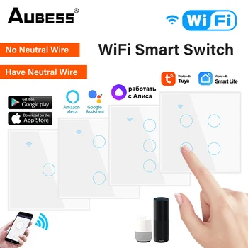 Sasha WiFi Smart Switch 1/2/3/4 банда Smart Touch Switch App дистанционно управление без неутрален проводник 100-250 за Алекса Google Home
