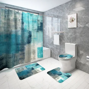 Абстрактна синя Водоустойчива душ Завеса за душ, нескользящие постелки за баня, Капака на тоалетната чиния, Подложка за домашен интериор на банята, Комплект завеси за баня с куки