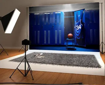 Баскетболен шкафче с лека топка, синьо шкафче, риза, стол, спортен фон, полиестерна или винил плат, компютърни разпечатки, монтиран на стената фон