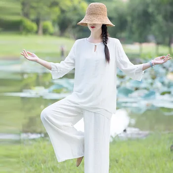 Бельо женски комплект за практикуване на бойни изкуства, Тай-Чи йога, китайска традиционна свободна hoody + панталони, всекидневни и комплект за фитнес и медитация Тан