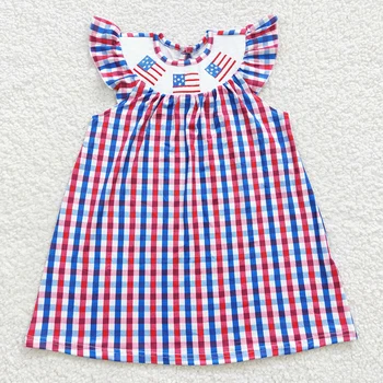 Бутик за бебета на 4 юли, лятна бебешка рокля с бродерии, и флага, дрехи за малките момичета в клетката на Деня на Независимостта