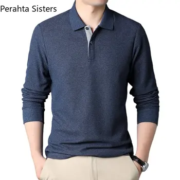 Висококачествена мъжка риза поло с вафельным модел, тениски с дълъг ръкав, мъжки дрехи, мек памучен бизнес ежедневни риза Homme 2023