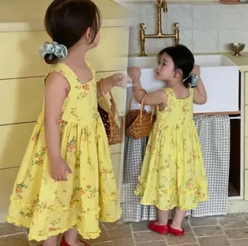 Детски дрехи, дрехи жълта рокля за момичета, кратко красива рокля сладка принцеса, детска рокля