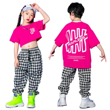 Детски дрехи за танци в стил хип-хоп, розова тениска, потник, риза, градинска дрехи, спортни дънкови панталони за момичета, джаз танц костюм, сценична облекло