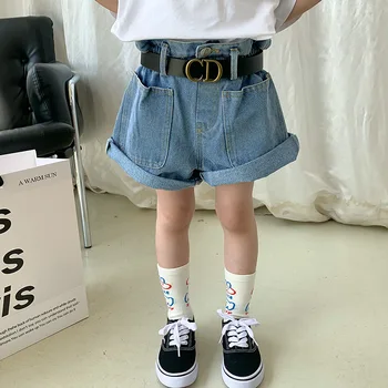 Детски дрехи Летни дънкови шорти в корейски стил за момичета, новост 2023 г., Модни прости ежедневни удобни панталони за момичета с широки штанинами