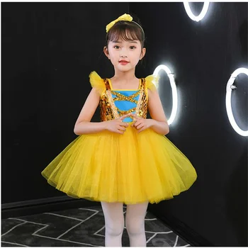 Детски костюми с жълти пайети, пищни газово рокля на принцеса, детски балетные костюми, с латински рокля с пайети за момичета