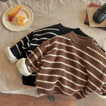 Детски пуловер, 2022 по-наклонени очи, зимна нов пуловер на райета, детски пуловер с кръгла яка, плетене на пуловери
