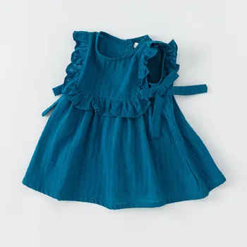 Елегантна лятна рокля с волани за малки момичета, кръгъл отвор, изпъстрен детски рокли принцеса без ръкави, халати за баня в синьо, Буйни