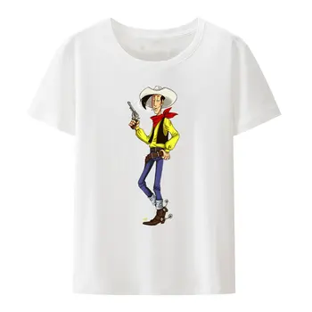 Забавна тениска Lucky Luke, черно-бяла тениска с друг вид транспорт принтом, хумористичен карикатура, модни градинска дрехи за мъже и жени, удобна ежедневна риза с къс ръкав за момичета