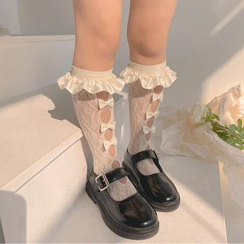 Испански Нов стил, детски дантелени чорапи-тръби, дълги чорапи за момичета, дантелени окото летните модни чорапогащи до коляното с волани и лък