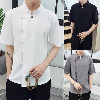 Китайска тениска за Мъже с къси ръкави и ретро-Във катарама Tang Дзен Hanfu Zhongshan Shirt 2023 Мъжки Свободна тениска с Напускными бутони, Топ