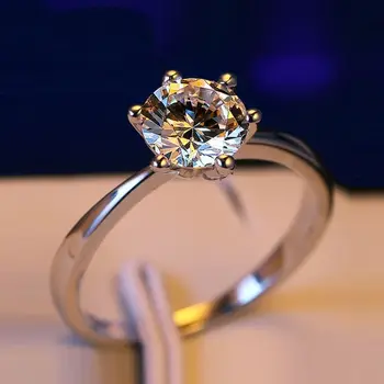 Класически пръстен е Сребърен цвят с шест Нокти, Кристални Сватбени Пръстени за младоженци, женски накити за Годеж, Подарък за булката