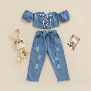 Комплект Летни детски дрехи за момичета Ma & Baby от 2 до 7 години, дънкови дрехи с открити рамене, съкратен топ, дънкови панталони, костюми D95