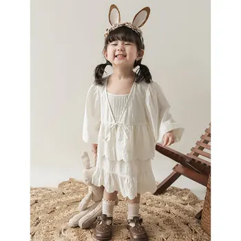 Комплект с цветен модел за момичета, коварен детско минималистичное ежедневното палто, рокля, комплект от две части