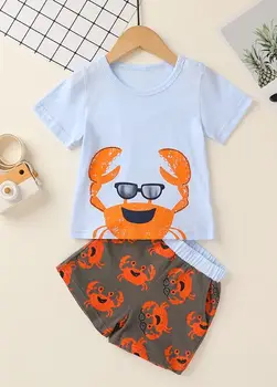 Комплекти Дрехи за Малки момчета 0-18 м, 2 бр. тениски с къс ръкав и анимационни принтом, потници, Шорти, домашно облекло
