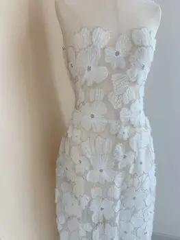 Лейси плат с ивици от бяла мъниста, 1 Ярд, Апликация от 3D Перлата на Цветя за балната зала рокли, Булчински рокли от висшата мода, Вечерни Облекла