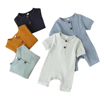Летен Гащеризон за малки момчета, дрехи рубчик, монофонични гащеризон с къс ръкав, вязаный стилен гащеризон памук за новородени, боди за новородени