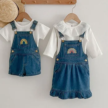 Летен комплект дрехи за новородени момчета и момичета, памучен фланелка с къс ръкав + джинсовое рокля + Деним гащеризон, обща детски дрехи