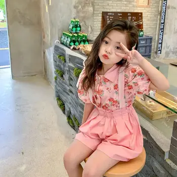 Лятна нова корейска версия, риза с къси ръкави и къси панталони с цветен модел, комплект от две части, модни детски дрехи с пищни ръкави