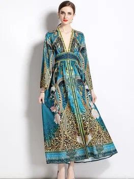 Лятото и есента богемное Макси рокля с леопардовым принтом за жени, сексуална, дълбоко V-образно деколте, однобортный, с изгорени ръкави, по-големи летящи халати