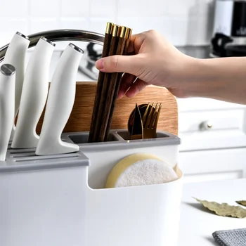 Многофункционален държач за ножове, дъска за рязане, вградени рафтове за съхранение на кухненски аксесоари, дъска за рязане, пръчици за хранене, покритие за тигани