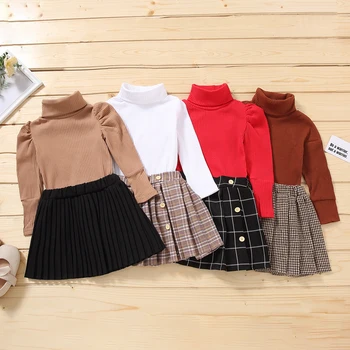 Модерен есенен комплект дрехи за малките момичета 2023 г., однотонная трикотажная поло с дълъг ръкав, пуловер и плисирани поли, комплект от 2 теми