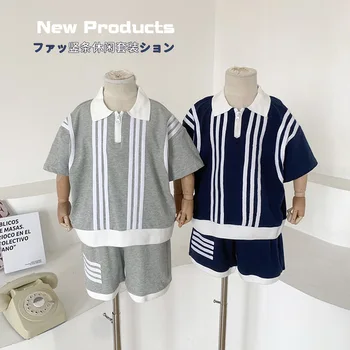 Нова лятна детски дрехи 2023 г., детска риза в лента в контрастен цвят, костюм от две части за момичета