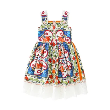 Нова рокля за момичета 2023 г., лятно дантелено рокля с флорални принтом за момичета, модерно детско принцеса рокля на спагети презрамки