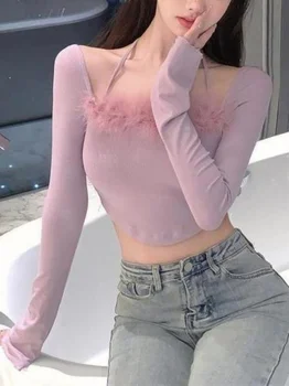 Новият китайски женски пуловер, пикантни тениска с открити рамене, тениска с висока талия и дълъг ръкав, тениски M488