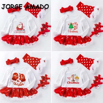 Ново Есен Боди за Момиченца с дълъг ръкав в Червено-Бяла Рокля-опаковка в стил Мозайка + Шапки + Чорапи + Shose Дрехи за Новородени E2039
