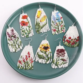 Обеци от оризови зърна Малко цвете Креативната мода Лесна за ръчно плетиво Универсален сплав Дамски обеци с пискюли от мъниста
