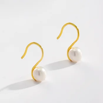 Обеци с естествени перли, дизайн Риболовни куки, 18-каратные позлатени обеци с сладководните перли за жени