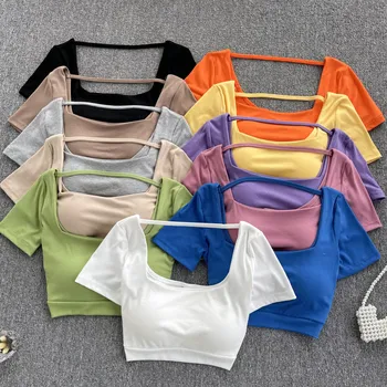 Основни Тениски за Жени Y2k, Сутиени, Тениски, Съкратен Блузи с Къс Ръкав, Кавайные Тениски в Корейски Стил, Женски Обикновена Върхове, Дропшиппинг