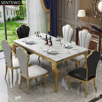 Популярни Луксозни кухненски маси от мрамор и комплект столове за хранене със златен основа от неръждаема стомана mesas com 4 cadeiraa