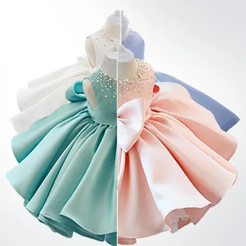 Розово, бяло расшитое мъниста атласное пищни бебешка рокля на цветчета за момичетата за сватба, синьо ментовото бална рокля-пакет за рожден ден за деца