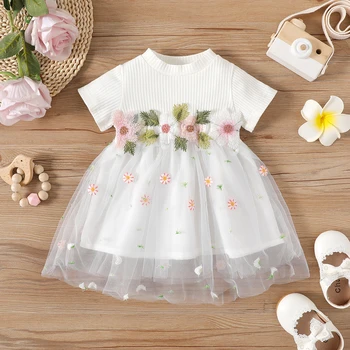 Рокли PatPat/Костюми за Бебета 2023 г., Сетчатое рокля в рубчик с Къс ръкав и цветна бродерия за малки момичета