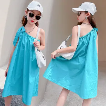 Рокля за малки момичета, Френски Моден детски костюм с открити рамене, Памучни Летни Ежедневни Рокли в Синьо от 5 до 14 години
