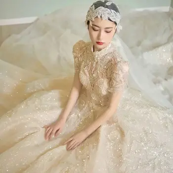 Сватбена рокля в ретро стил, в дворцов стил 2023, ново сватбена рокля с влак за младоженци, френска луксозни дрехи