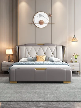 Скандинавски минимализъм, модерна основната спалня с двойно легло 2023, нова кутия за съхранение, лесна луксозна тъкан, двойно легло 1,8 м