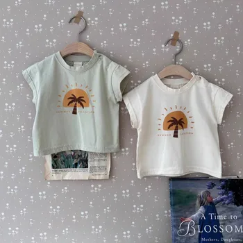 Тениска с изображение на кокосова палма за най-малките момчета, летни тениски за деца, дрехи с къси ръкави и шарките, върховете на малки момичета