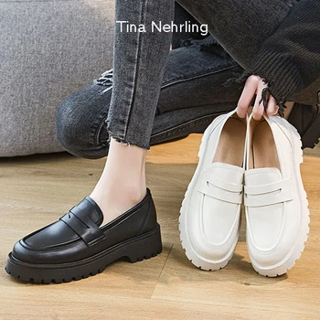 Ток 4,5 cm, пролет-есен, кожени обувки в британския стил, фини обувки от естествена Кожа, дамски бели обувки в стил колеж