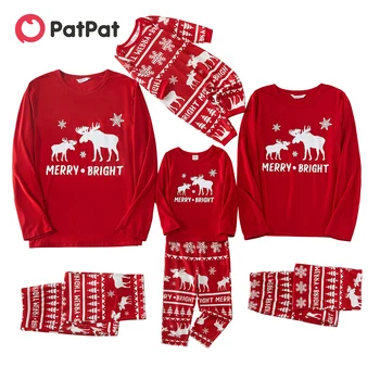 Червени семейни комплекти пижам с дълги ръкави и коледен елен PatPat и писмото принтом (Огнеупорни)
