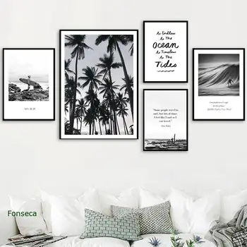 Черно, бяло, плажен сърф, цитати от живота, Живопис върху платно, Ретро ретро Плакат с палма за пътуване, стенни художествени картини, Подарък за дома