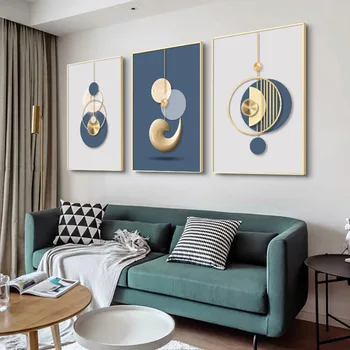 Абстрактен стенен художествен плакат Син Златни Геометрични графичен луксозен стил на рисуване HD Печат на изображения модерен Минималистичен домашен декор